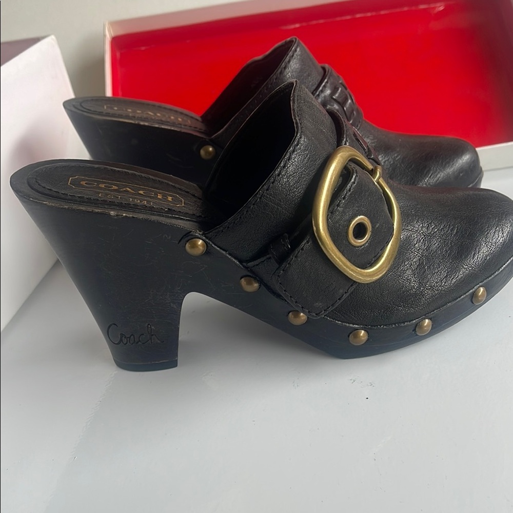 Vintage coach black leather brass buckle clogs/mules 5.5 - Picture 3 of 4